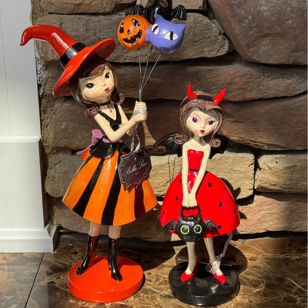 NWT Bella Lux Halloween Figurine Set Witch Devil Girls Orange Red Kitsch Decor